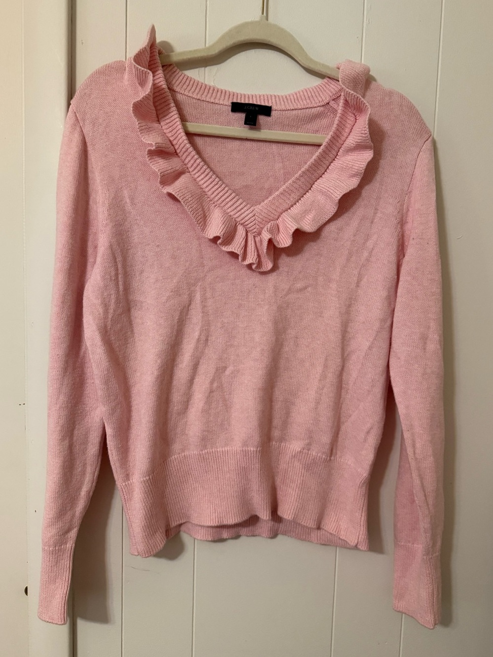 J. Crew Light Pink Ruffle V-Neck Sweater